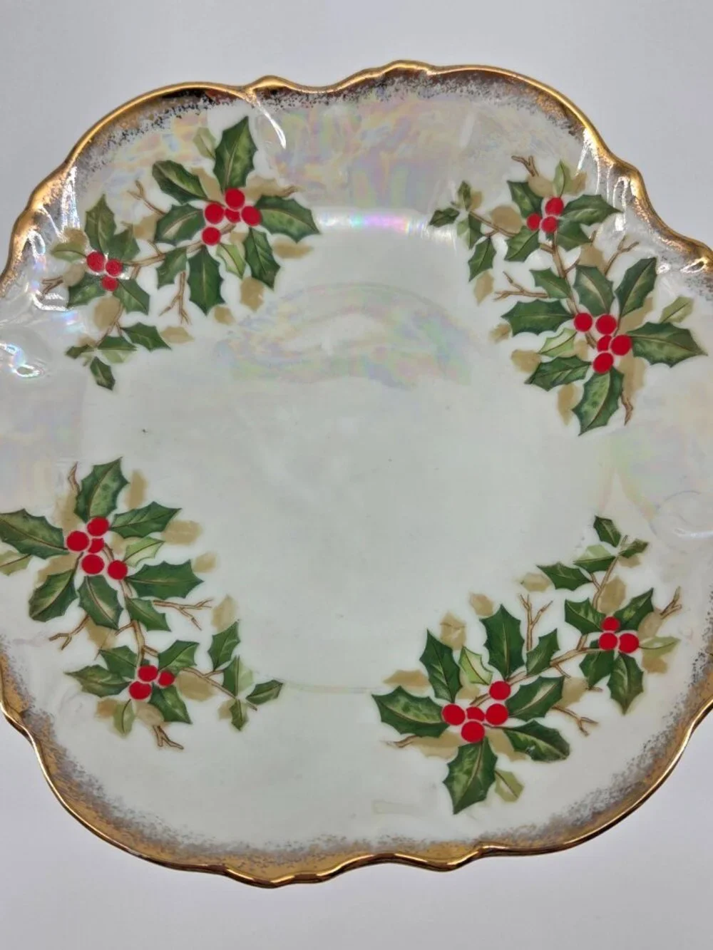 VTG 1950s Ucagco Holly Berry Lusterware Iridescent Pedestal Dish 8